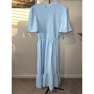 Blue smocked high-waist ruffle tiered A-line midi Dress sz M